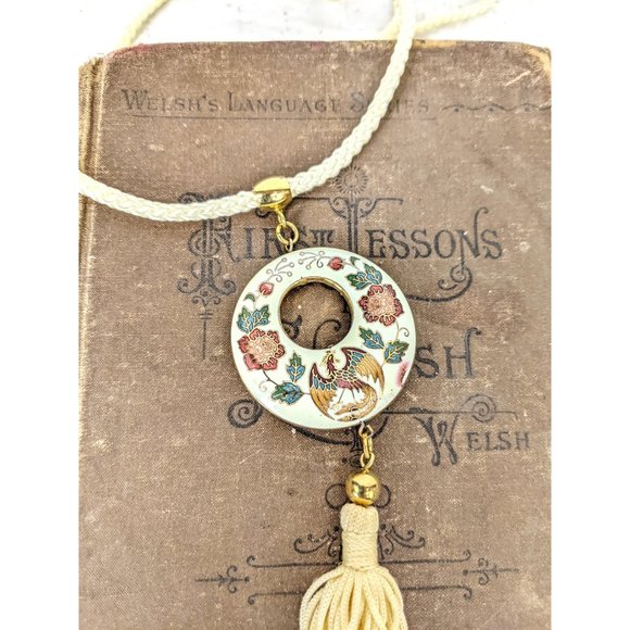 Vintage Chinese Cloisonne floral enamel tassel pendant rope necklace - Picture 3 of 5